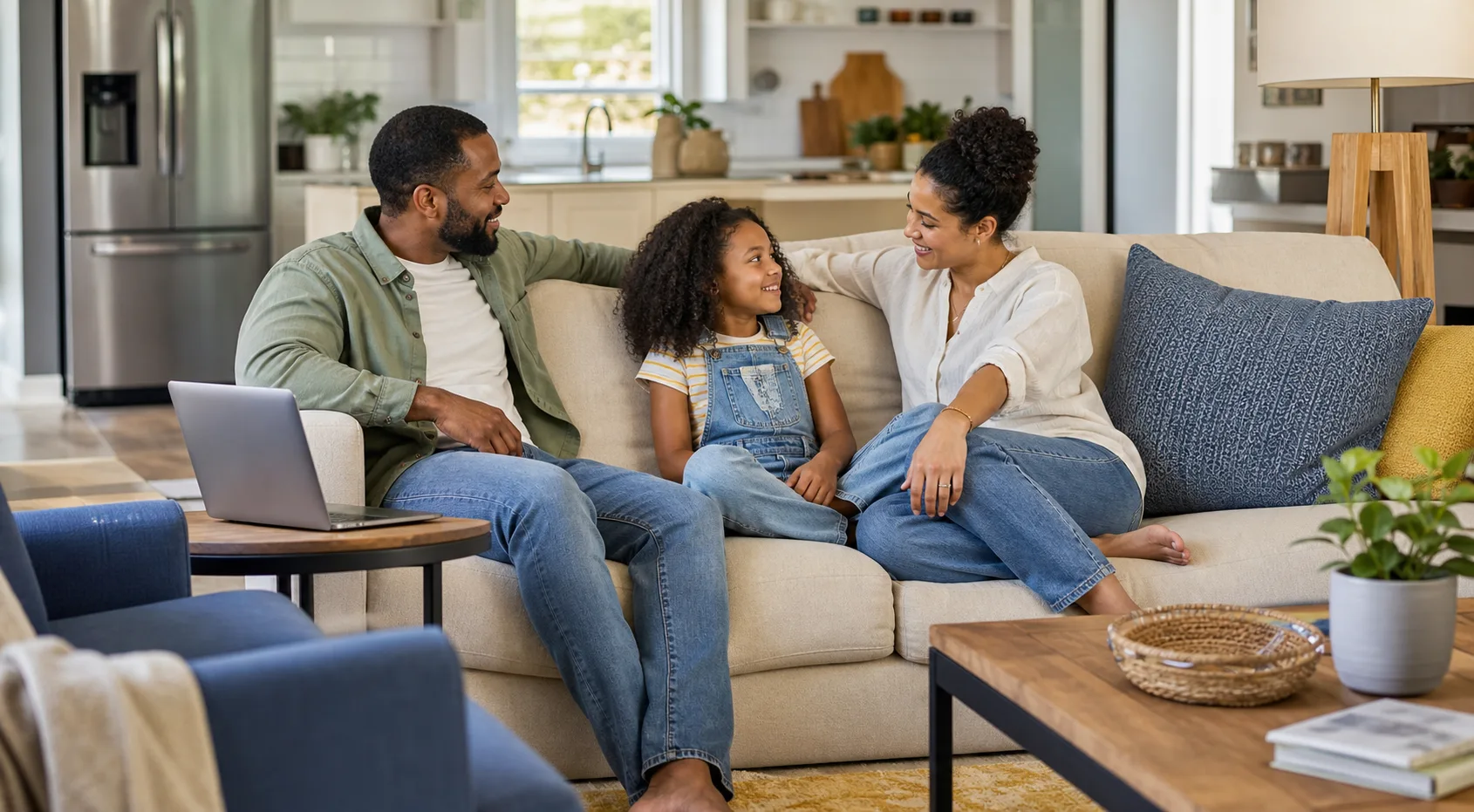 A family relaxing together in a furnished living room with an adjoining kitchen