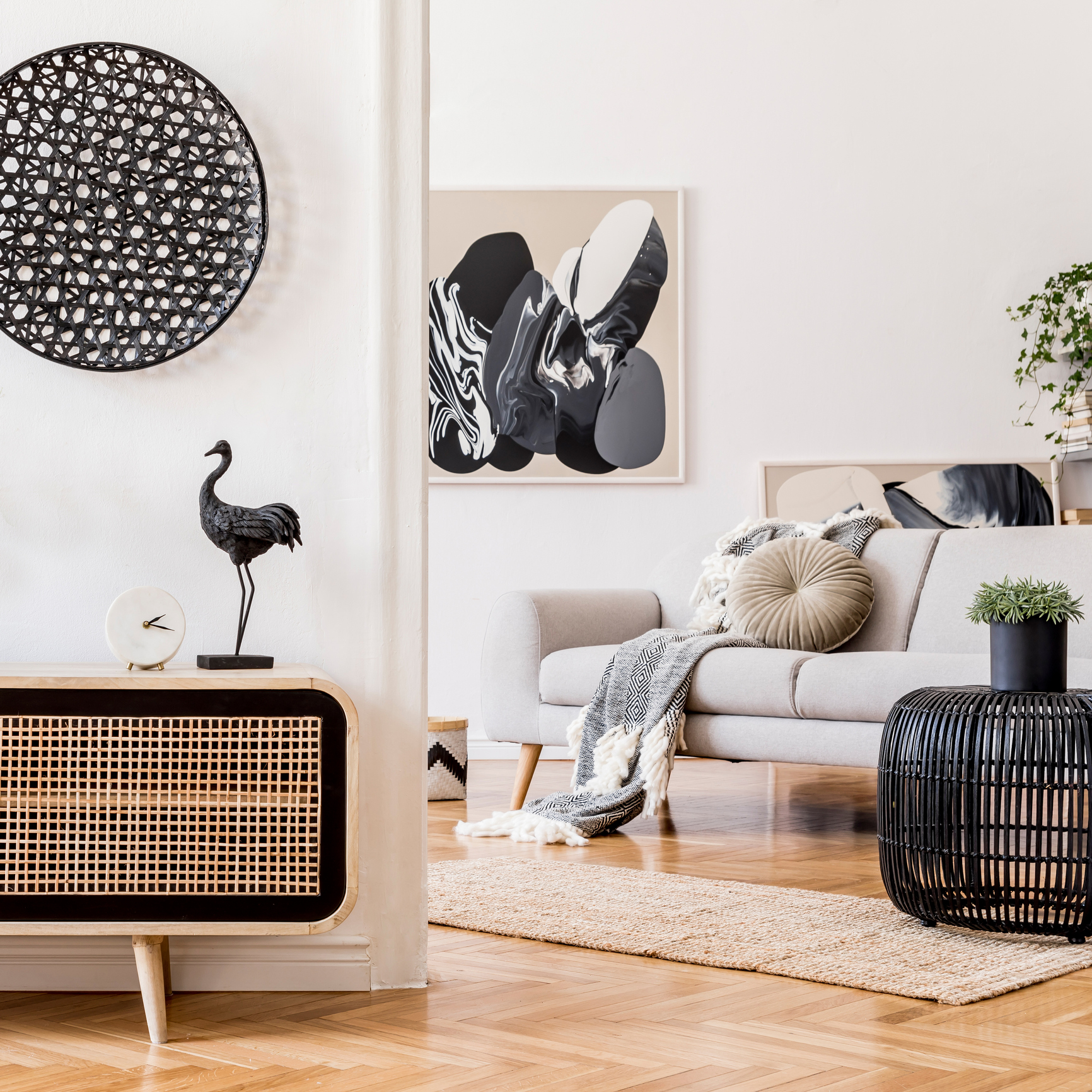 Interior design of living room at nice scandinavian apartment with stylish furnitures and elegant accessories. Modern home decor. Template. Interior design of living room at nice scandinavian apartment with stylish furnitures and elegant accessories. Modern home decor. Template.